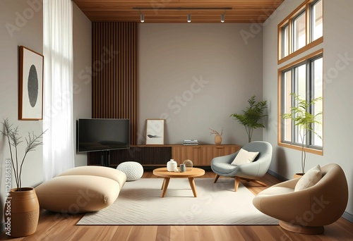 Minimalist Japandi and Nordic Style Interior Room with Organic Shaped Furniture and a Serene, Harmonious Ambiance.
 photo