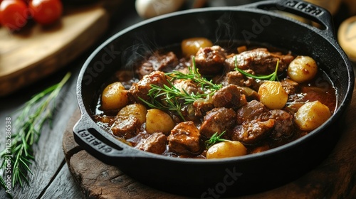 A cast iron pot of stew simmering over an open flame in a rustic kitchen.