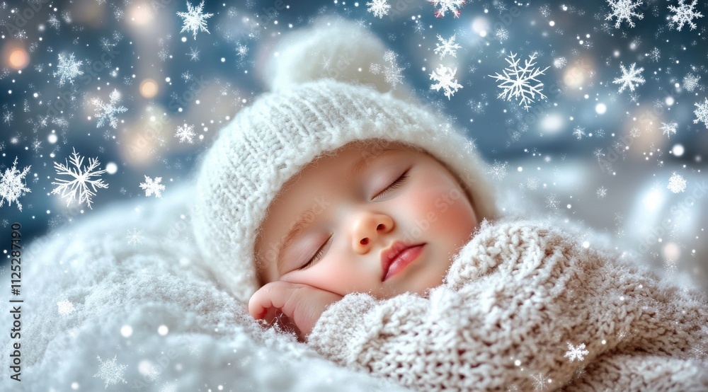 Adorable Sleeping Baby in White Hat with Night Sky Background of Stars and Snowflakes Adorable Sleeping Baby in White Hat with Night Sky Background of Stars and Snowflakes