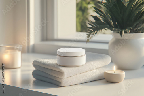 White cosmetic cream jar standing on a stack of clean towels by the window in a bright room with a burning scented candle on a windowsill