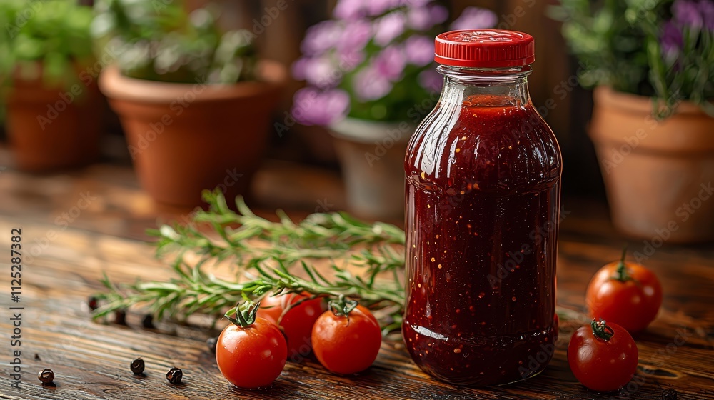 A bottle of tomato sauce next to some tomatoes and herbs A bottle of tomato sauce next to some tomatoes and herbs