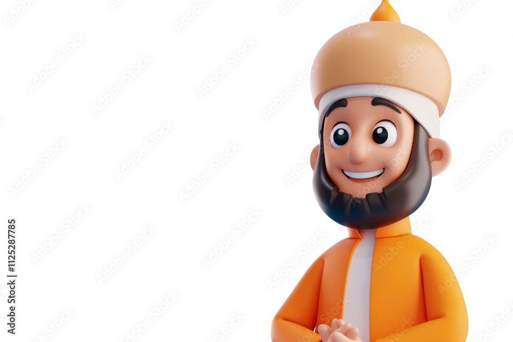 3D cartoon portrait of Muslim man in orange turban and traditional outfit smiling brightly isolated on transparent png background. 3D cartoon portrait of Muslim man in orange turban and traditional outfit smiling brightly isolated on transparent png background.
