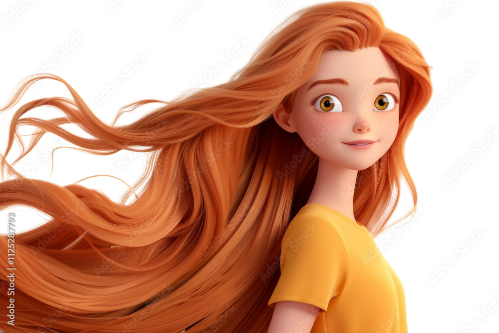 3D cartoon portrait of girl with flowing orange hair and yellow shirt looking backward isolated on transparent png background. 3D cartoon portrait of girl with flowing orange hair and yellow shirt looking backward isolated on transparent png background.