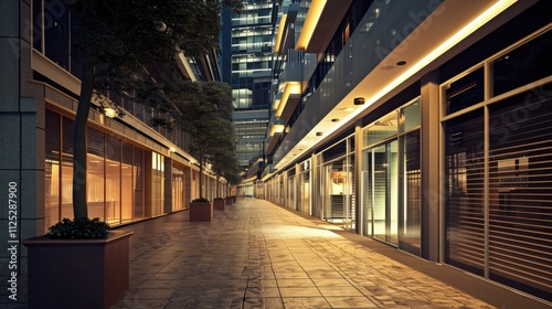 Nighttime Shopping Mall Exterior: Contemporary Architecture and Storefronts Illuminated at Night