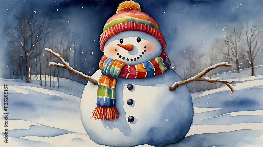 Obraz premium Cheerful snowman in colorful hat and scarf, snowy winter landscape.