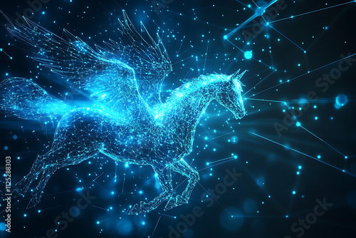 An abstract digital background featuring a pegasus , highlighted by connecting data points in blue and black colors


