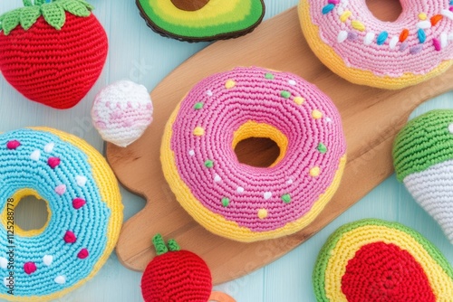 Colorful Amigurumi Food on Wooden Board