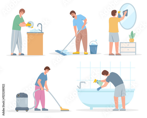 Set of Men doing housework. Man Washing Dishes, mirror, bath and floor and Vacuuming. Vector male character illustrations on white background.