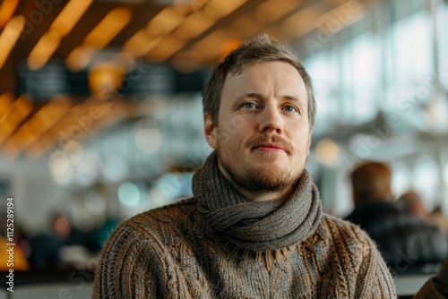 Portrait of a blissful man in his 30s dressed in a warm wool sweater in front of bustling airport terminal background