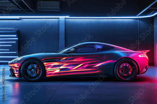 Sleek, customized sports car with vibrant, neon wrap design parked in a modern garage illuminated by neon lights, showcasing car tuning and customization photo