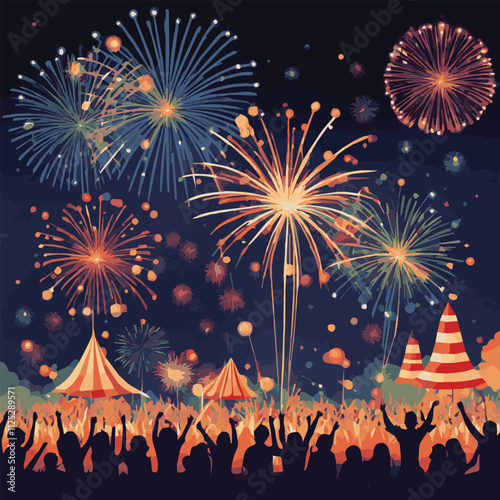 Crowd of people watching fireworks displaying in dark evening sky and celebrating holiday against city buildings. Festival celebration, pyrotechnics show. Flat cartoon colorful vector illustration.