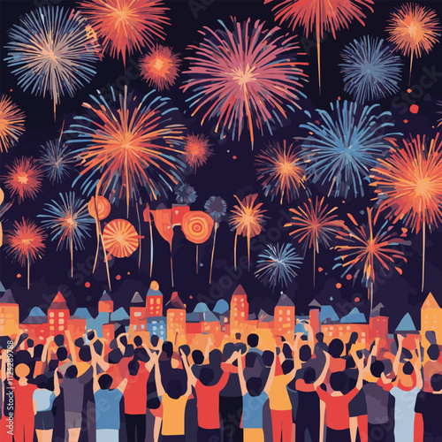 Crowd of people watching fireworks displaying in dark evening sky and celebrating holiday against city buildings. Festival celebration, pyrotechnics show. Flat cartoon colorful vector illustration.