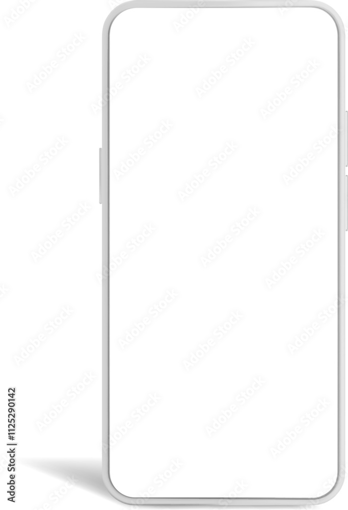 Modern white smartphone with blank screen showing empty copy space for your app or website design, isolated on white background with soft shadow