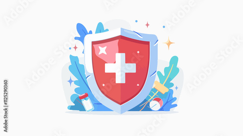 First Aid Shield Flat Icon: Medical Emergency Symbol for Healthcare, Safety, Protection Concept