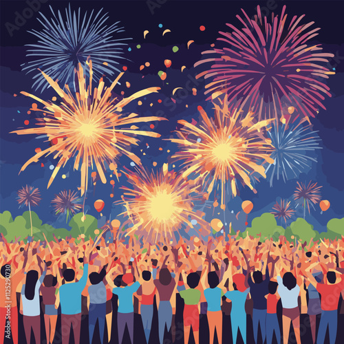 Crowd of people watching fireworks displaying in dark evening sky and celebrating holiday against city buildings. Festival celebration, pyrotechnics show. Flat cartoon colorful vector illustration.