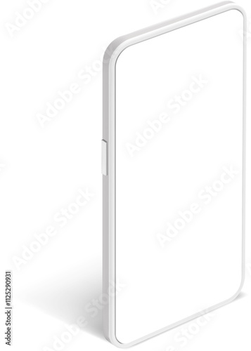 White smartphone featuring a blank screen and casting a shadow on a clean white background, offering ample opportunity for design or app presentation with a modern touch