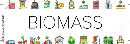 biomass energy plant power icons set vector. green gas, solar electric, wind generator, nuclear industry, factory bio biogas wood biomass energy plant power color line illustrations