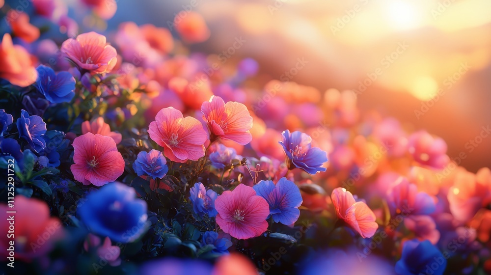 A field of colorful flowers with the sun setting in the background A field of colorful flowers with the sun setting in the background