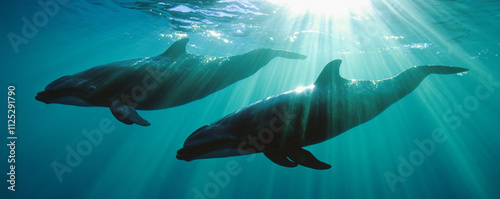 Dolphins swim gracefully in clear ocean waters photo