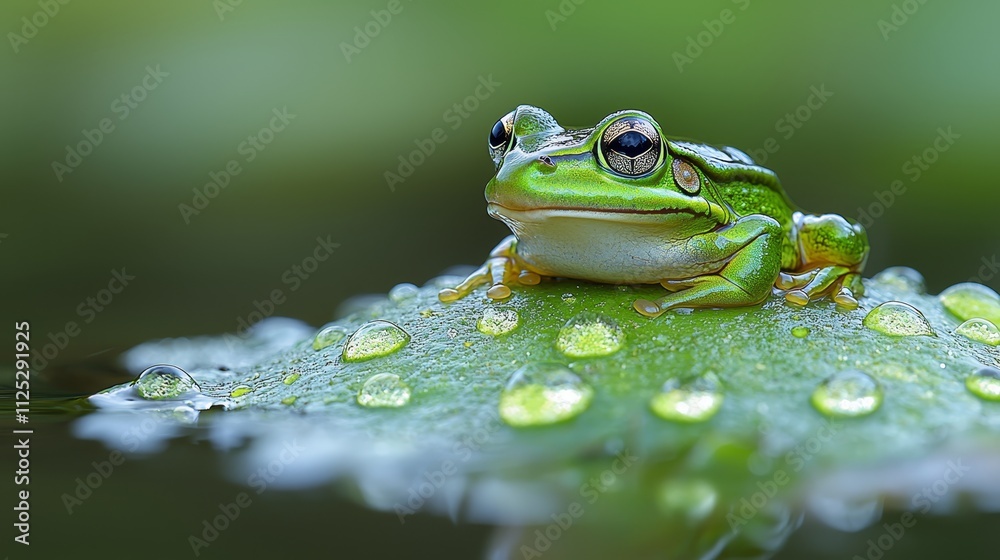 A green frog sitting on top of a leaf covered in water droplets A green frog sitting on top of a leaf covered in water droplets