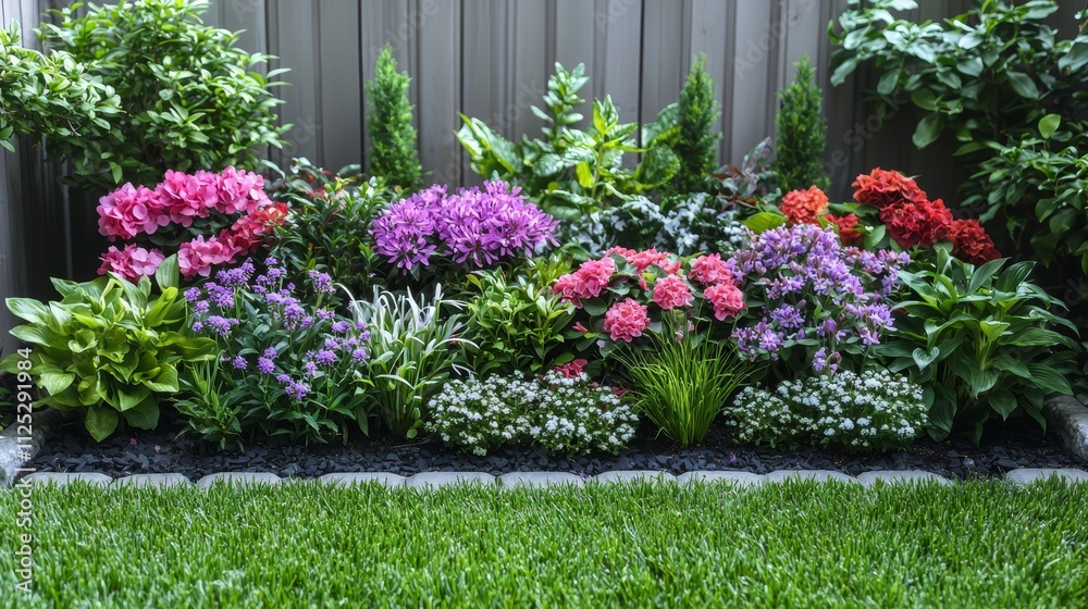 Fototapeta premium A flower bed in front of a gray fence