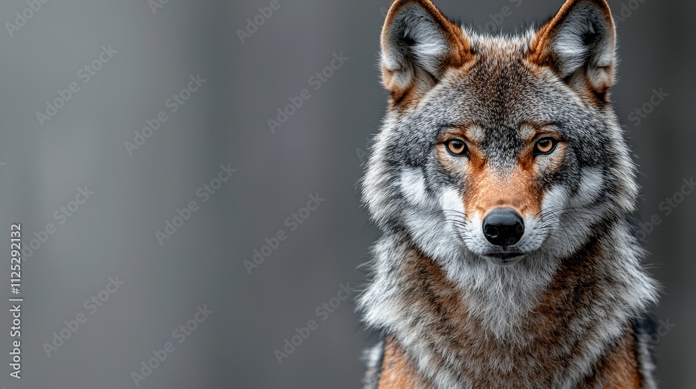 Fototapeta premium A close up of a wolf's face on a gray background