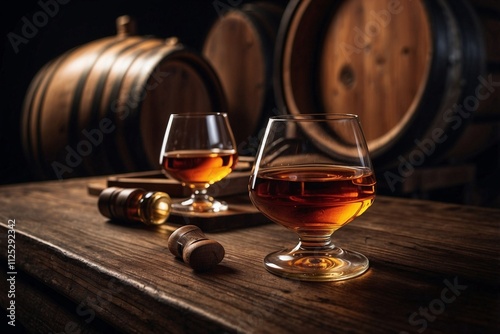 Obraz na płótnie Glass of Sparkling Cognac Elegantly Placed Next to a Barrel Against a Dark Wood Background w salonie