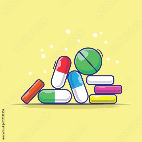 Collection of Pills, Capsules, and Tablets icon vector illustration. Healthcare medicine business icon. Flat cartoon style