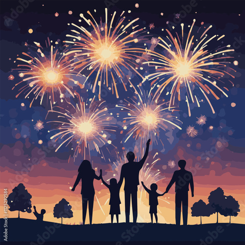 Crowd of people watching fireworks displaying in dark evening sky and celebrating holiday against city buildings. Festival celebration, pyrotechnics show. Flat cartoon colorful vector illustration.
