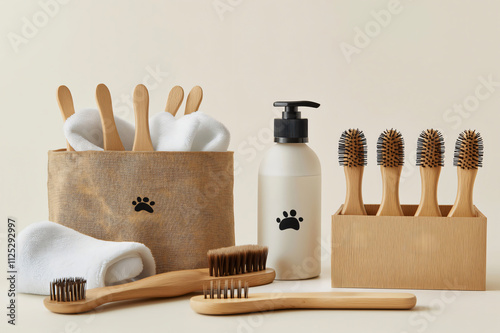 Sustainable pet grooming kit with bamboo brushes, dispenser, towels, and a paw print logo, showcasing eco conscious pet care photo