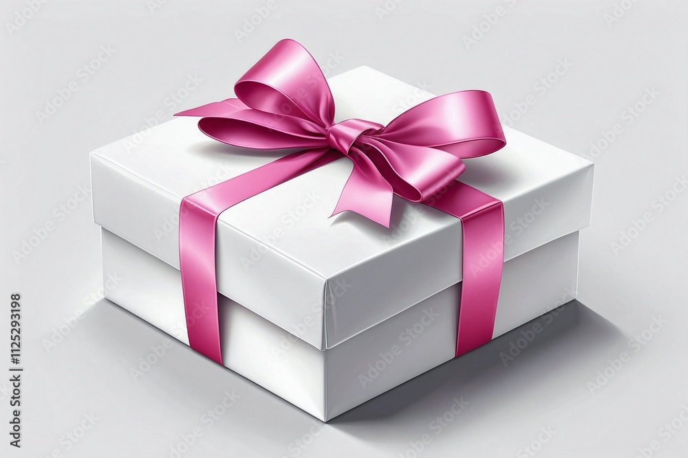 Obraz premium Elegant White Gift Box with a Delicate Pink Bow Set Against a Clean White Background