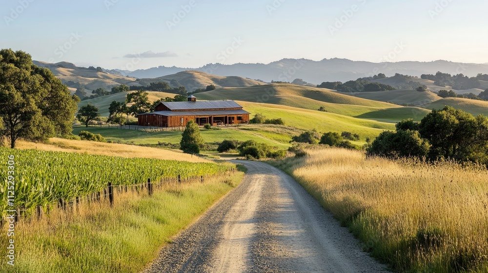 A rural dirt road leading to a barn-style building, surrounded by open fields and rolling hills. A rural dirt road leading to a barn-style building, surrounded by open fields and rolling hills.
