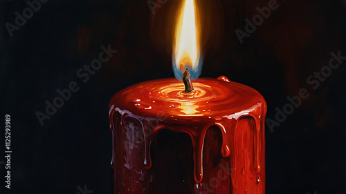 Close-up of a burning red candle with melted wax dripping down the sides against a dark background.