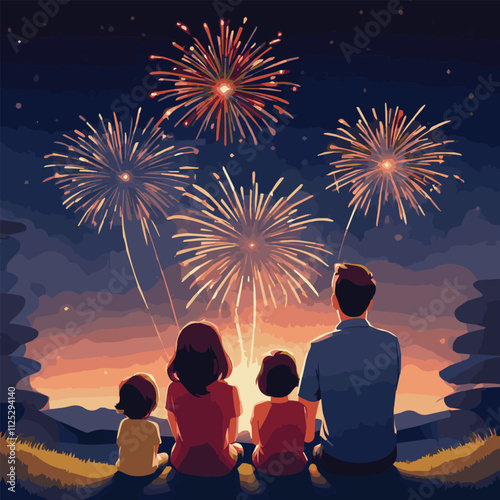 Crowd of people watching fireworks displaying in dark evening sky and celebrating holiday against city buildings. Festival celebration, pyrotechnics show. Flat cartoon colorful vector illustration.