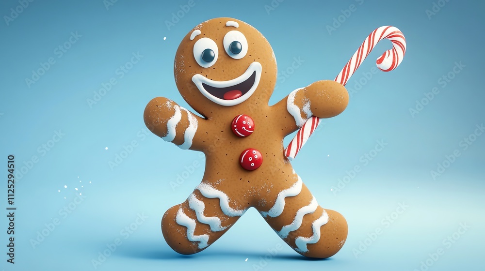 Obraz premium 3D Gingerbread Man Character with a Candy Cane in isolated background