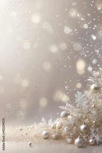 Silver and Light Beige Christmas Background with Small Delicate Snowflakes and Silver Glitter