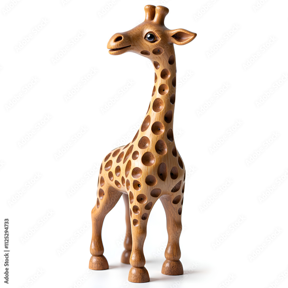 Charming wooden giraffe figurine with intricate spot patterns on a white background, photography of still life concept.