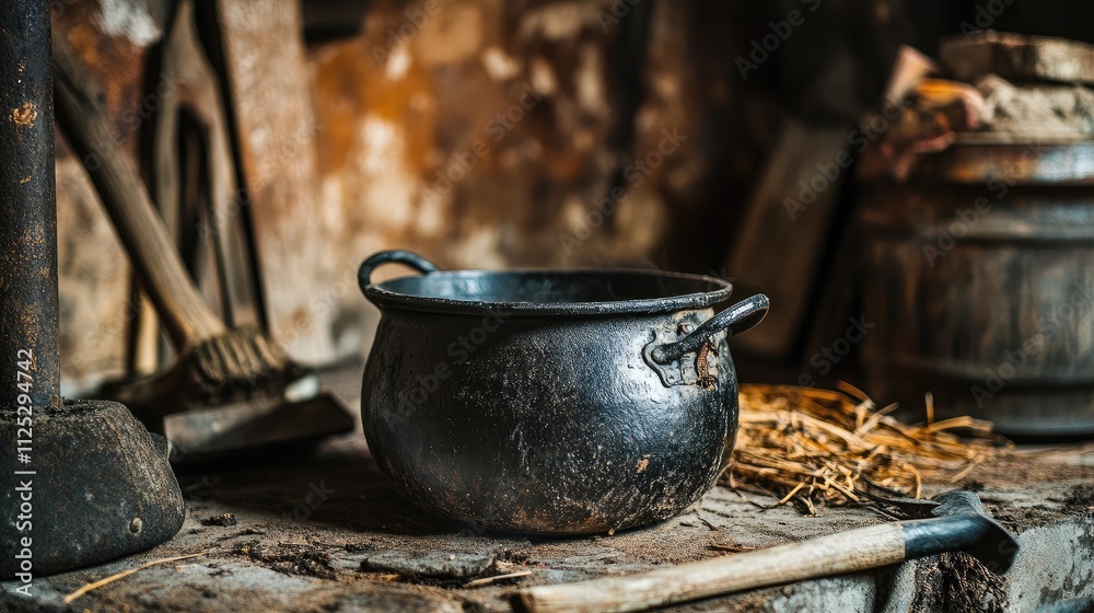 Antique iron cauldron resting in a rustic setting with worn-out tools nearby. Antique iron cauldron resting in a rustic setting with worn-out tools nearby.