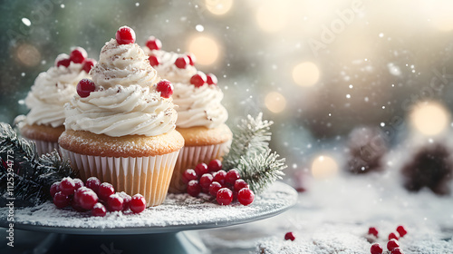 Festive Christmas cupcakes decorated with red and white frosting, sprinkles, and berries, surrounded by pine cones and ornaments on a wooden table.