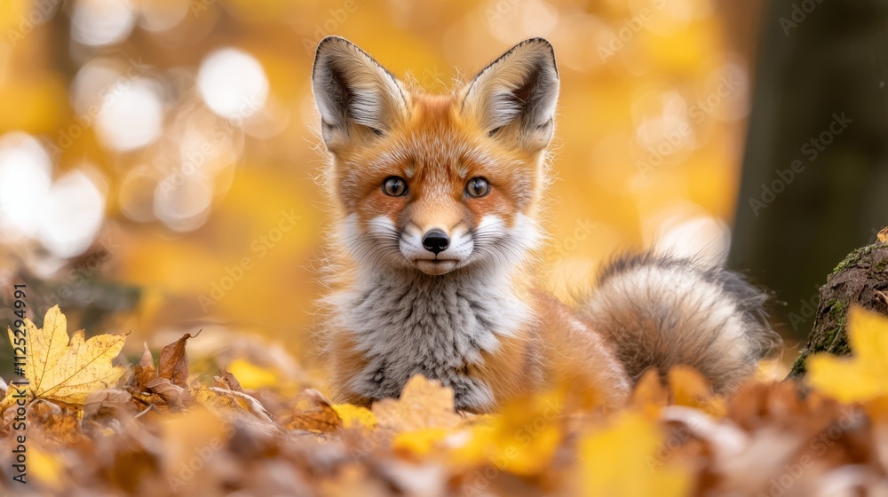 Fototapeta premium A small red fox sitting in a pile of leaves