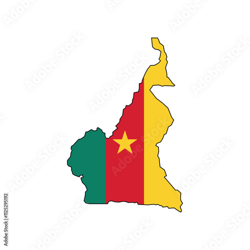 Vector illustration of Cameroon map overlaid with the national flag, highlighting the country's geographic outline combined with its national colors.