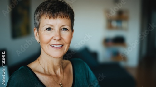 Woman with short hair and a green shirt