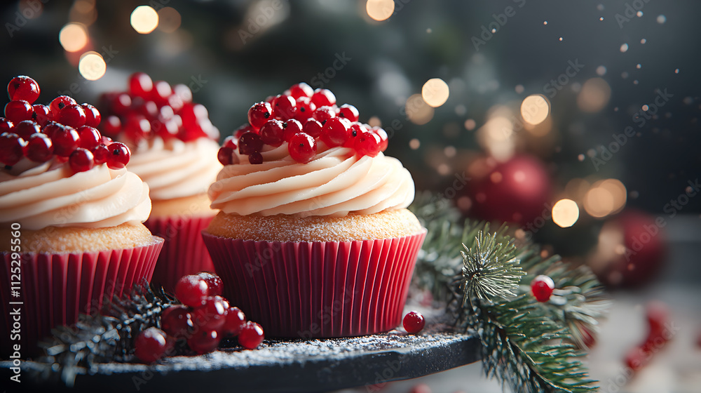 Festive Christmas cupcakes decorated with red and white frosting, sprinkles, and berries, surrounded by pine cones and ornaments on a wooden table. Festive Christmas cupcakes decorated with red and white frosting, sprinkles, and berries, surrounded by pine cones and ornaments on a wooden table.