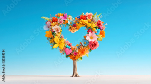 Colorful Heart-Shaped Tree of Flowers Against a Clear Blue Sky. Valentine's day or Mother's day concept
