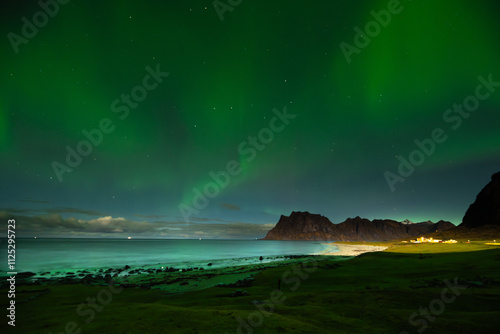 A cozy wooden cabin illuminated under the stunning green glow of the northern lights, surrounded by serene natural beauty. A mountain silhouette and calm waters enhance the tranquil atmosphere