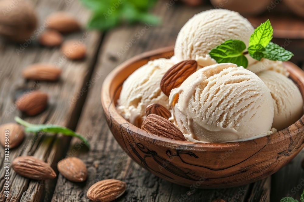 Indulge in creamy ice cream adorned with crunchy chopped almonds and a sweet syrup drizzle Indulge in creamy ice cream adorned with crunchy chopped almonds and a sweet syrup drizzle