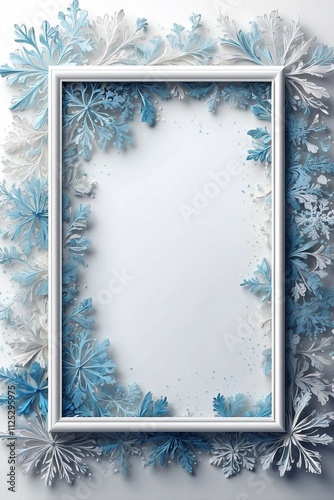 Elegant White Frame Adorned with Small Delicate Blue Snowflakes on a White Background