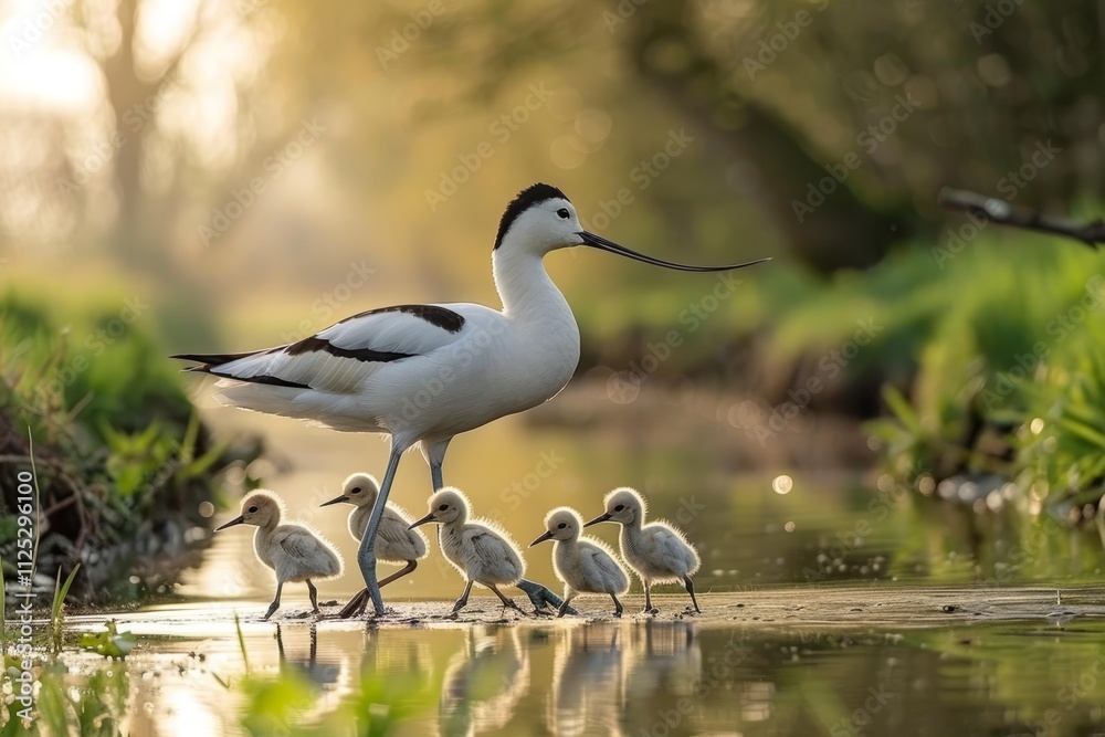 Obraz premium Pied avocet and chicks gracefully walking through shallow water in soft, gentle light