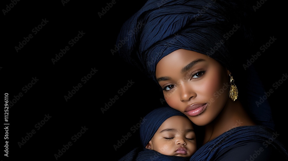 Elegant portrait of mother and child in traditional blue headwraps