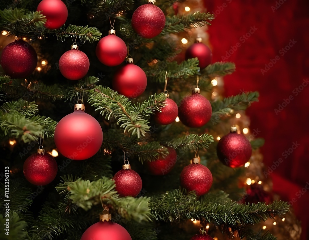 christmas tree with red balls isolated on a red wall background in the room christmas tree with red balls isolated on a red wall background in the room